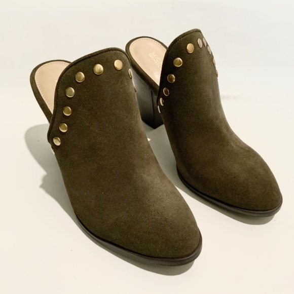 Michael Kors Louise Suede Mules Olive Studded Stacked Block Heel Slip On Clog - Picture 6 of 15